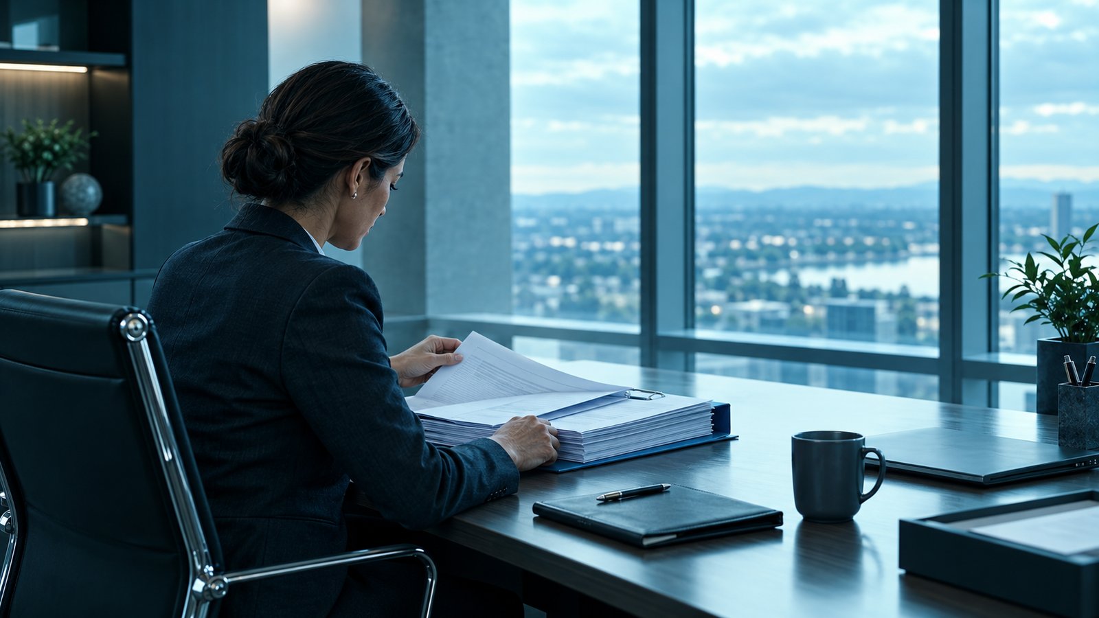 Risk manager reviewing an insurance renewal file at a desk