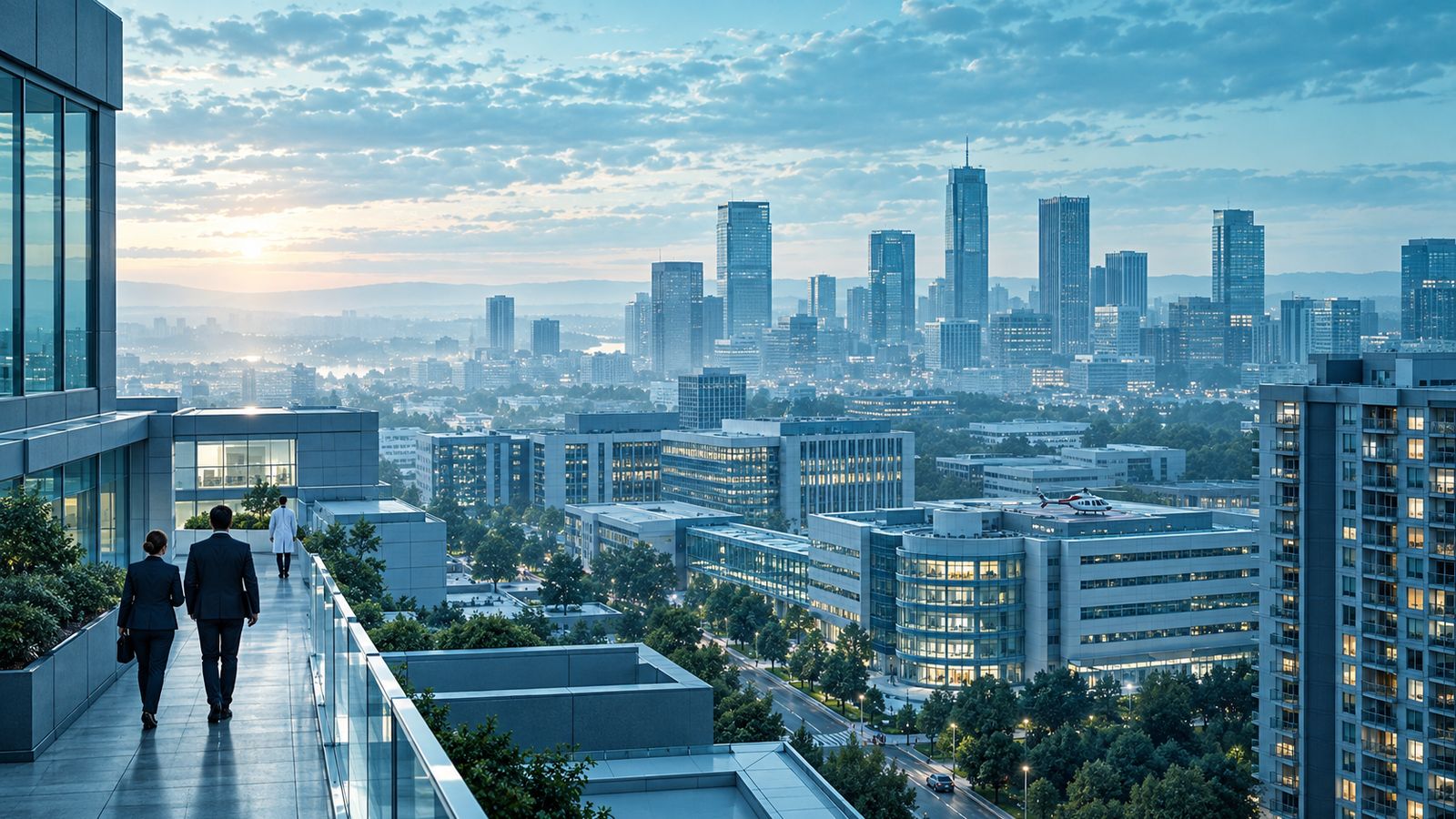 Portfolio of institutional buildings across a city skyline