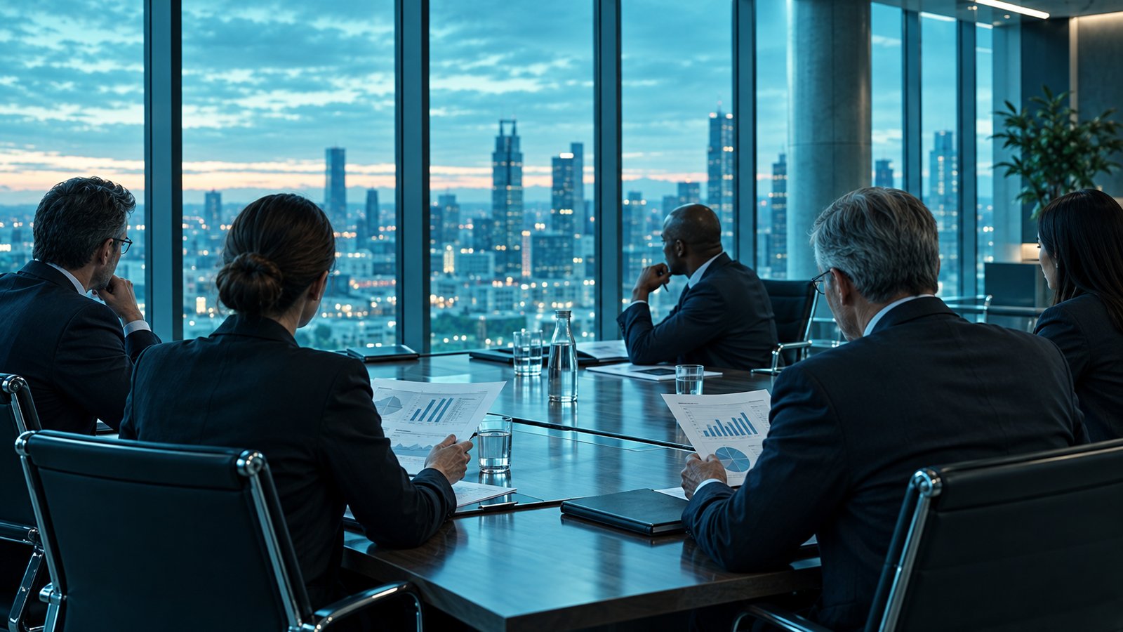 Board directors seated around a long table in a glass boardroom reviewing printed reports