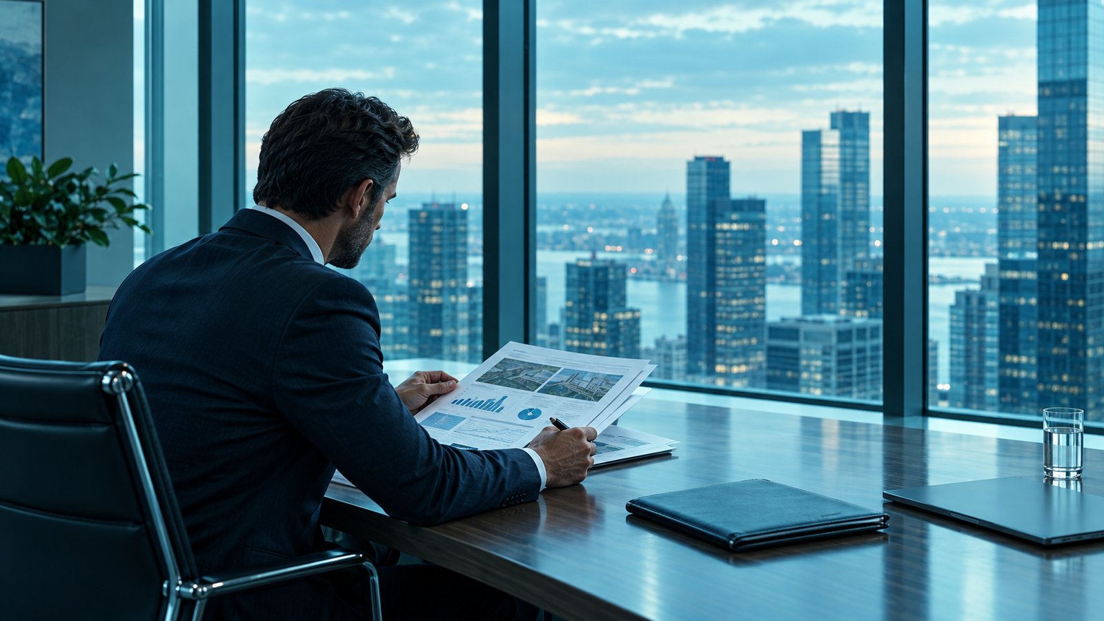 Finance leader reviewing a printed board pack at a desk beside a window over a city