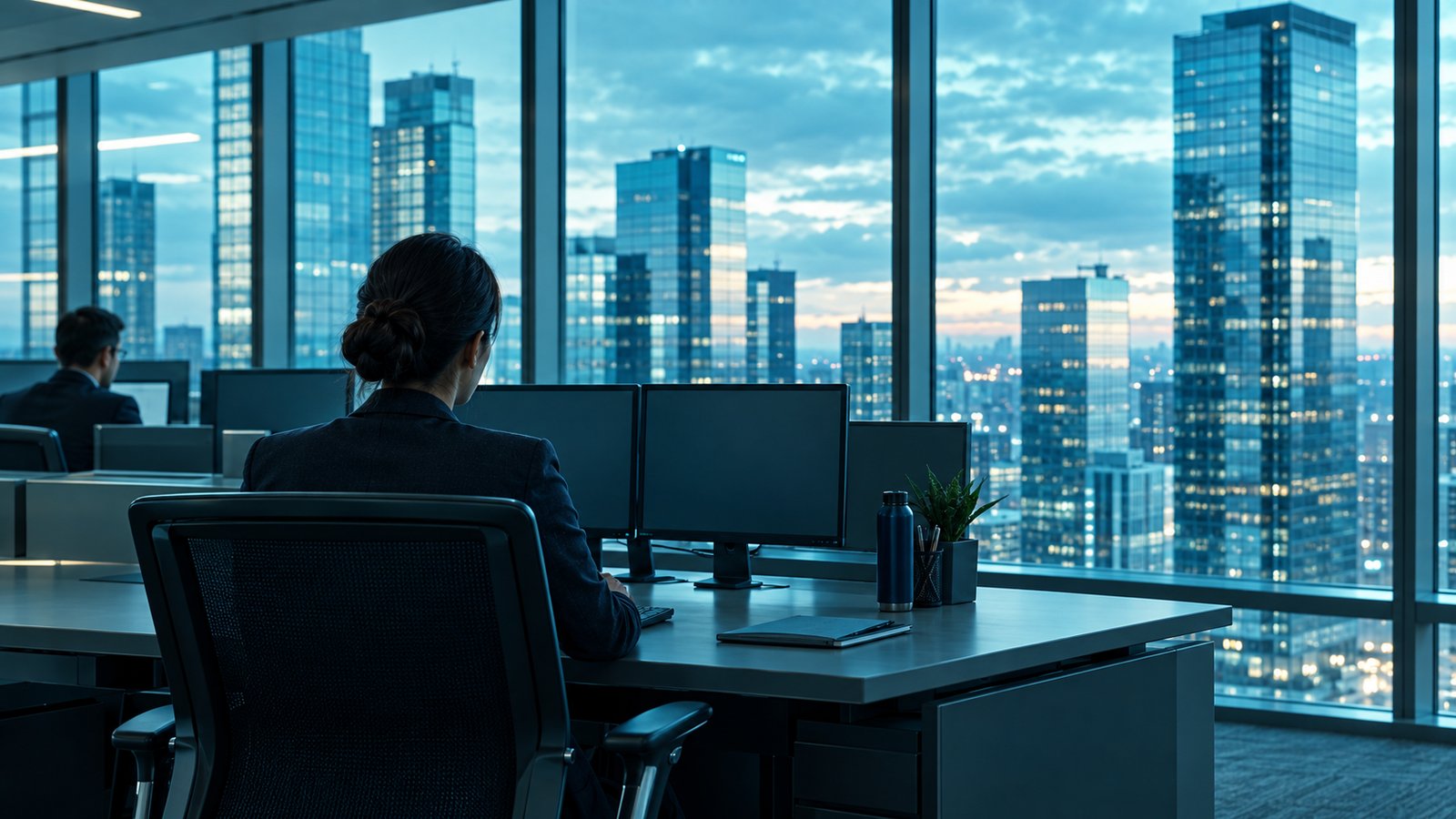 Operations analyst at a desk overlooking a portfolio of city buildings