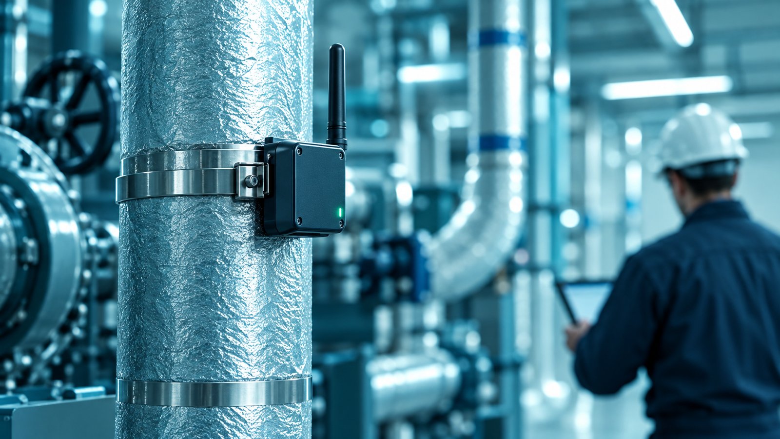 Close view of a wireless sensor mounted on a pipe in a building plant room