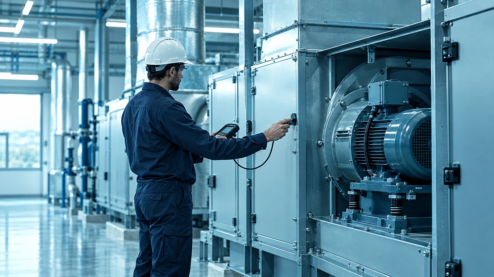 Technician inspecting an air handling unit with a handheld meter