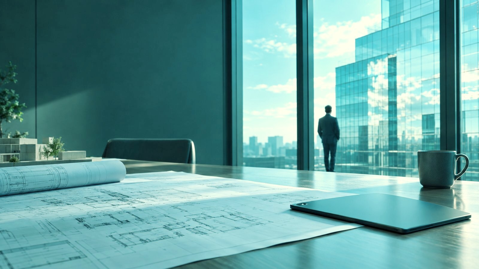 Architect's table with building plans beside a glass office view