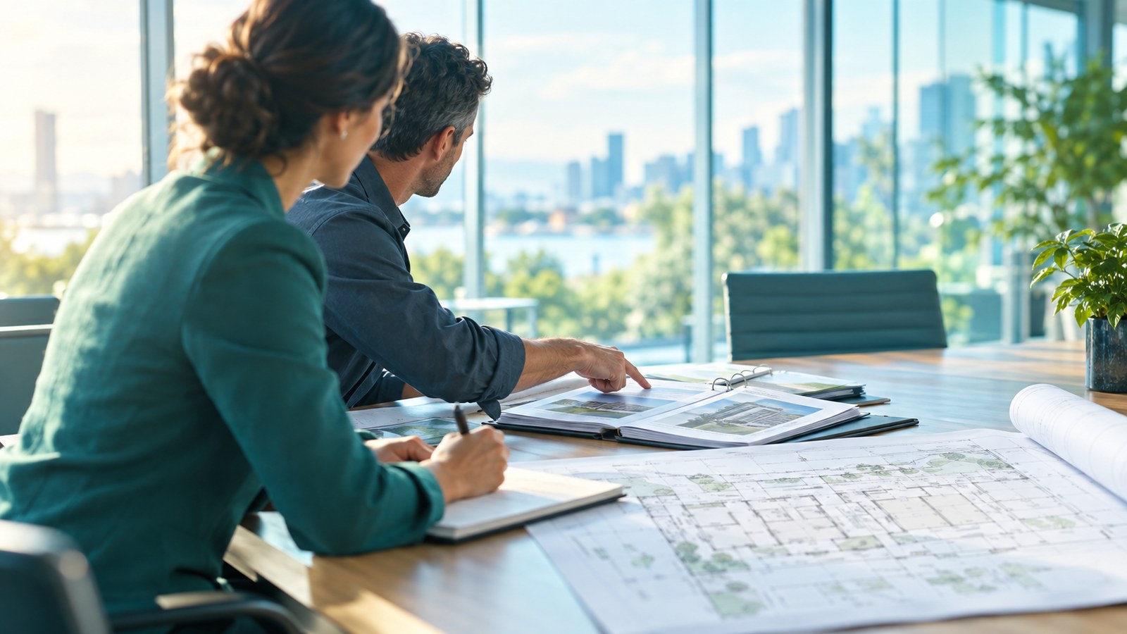 Finance and operations leaders reviewing shared building records and floor plans together