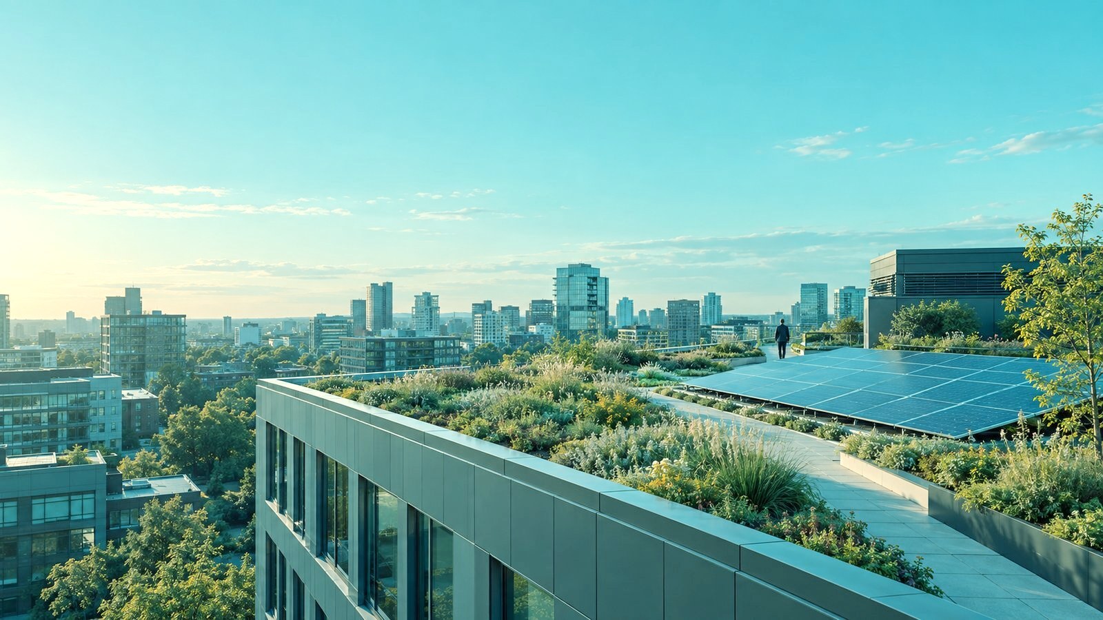 Green roof with solar panels on an institutional building