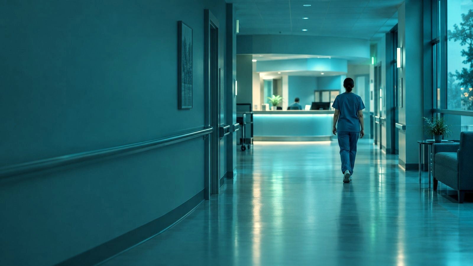 Caregiver walking toward a nurses station during a calm night shift