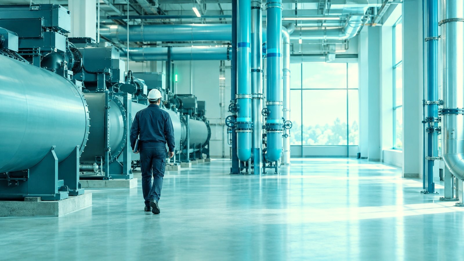 Technician performing a planned inspection in a clean central plant room