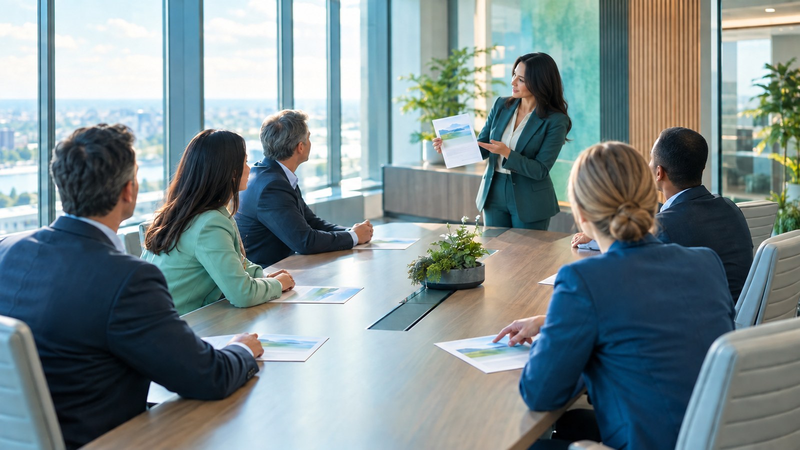 Finance leader presenting a one page summary to board directors around a table