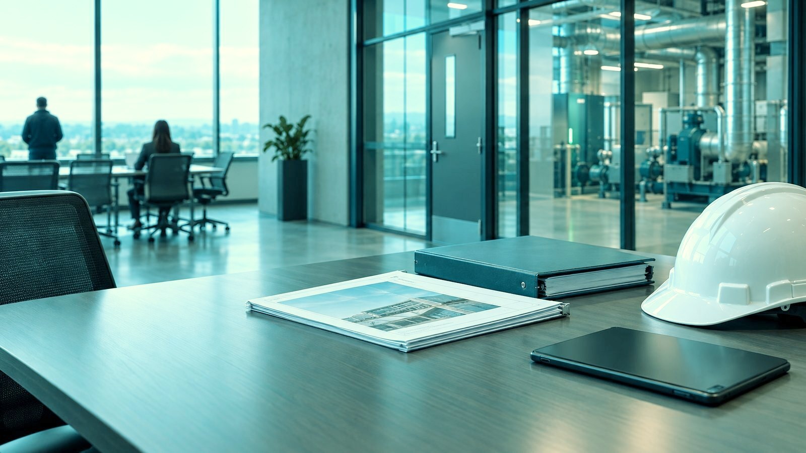 Implementation plan, binder, and hard hat on a facilities office table