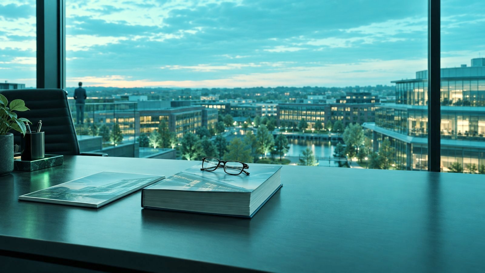 Finance leader's desk with two reports overlooking a property portfolio at dusk