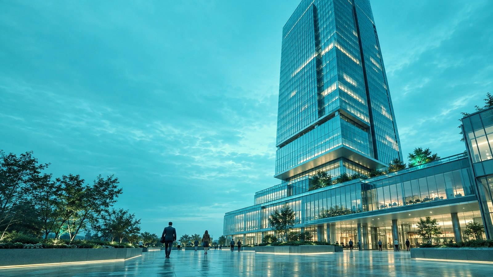 Landmark mixed-use office tower at blue hour seen from the plaza