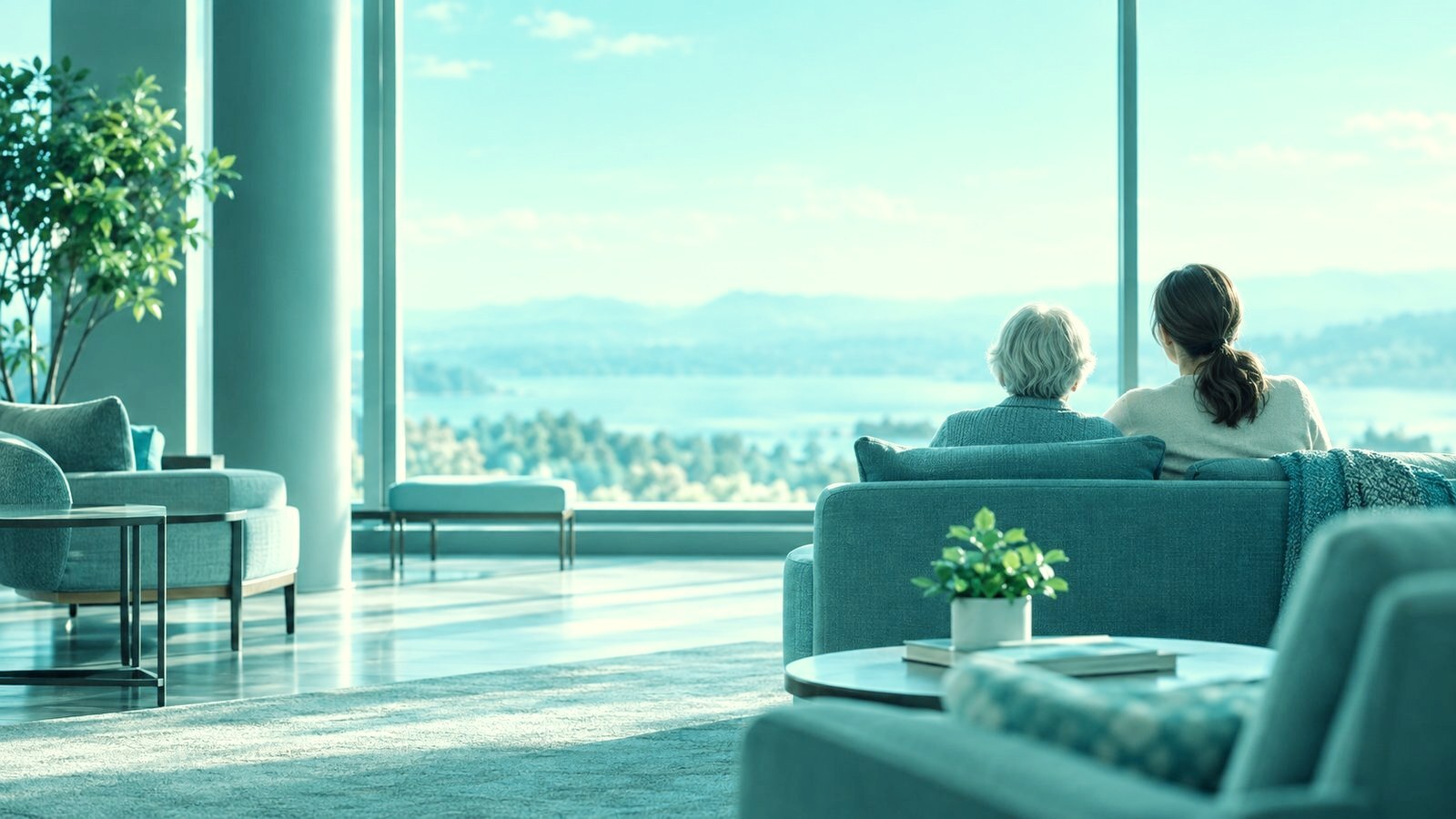Resident and family member sitting together in a bright seniors living lounge