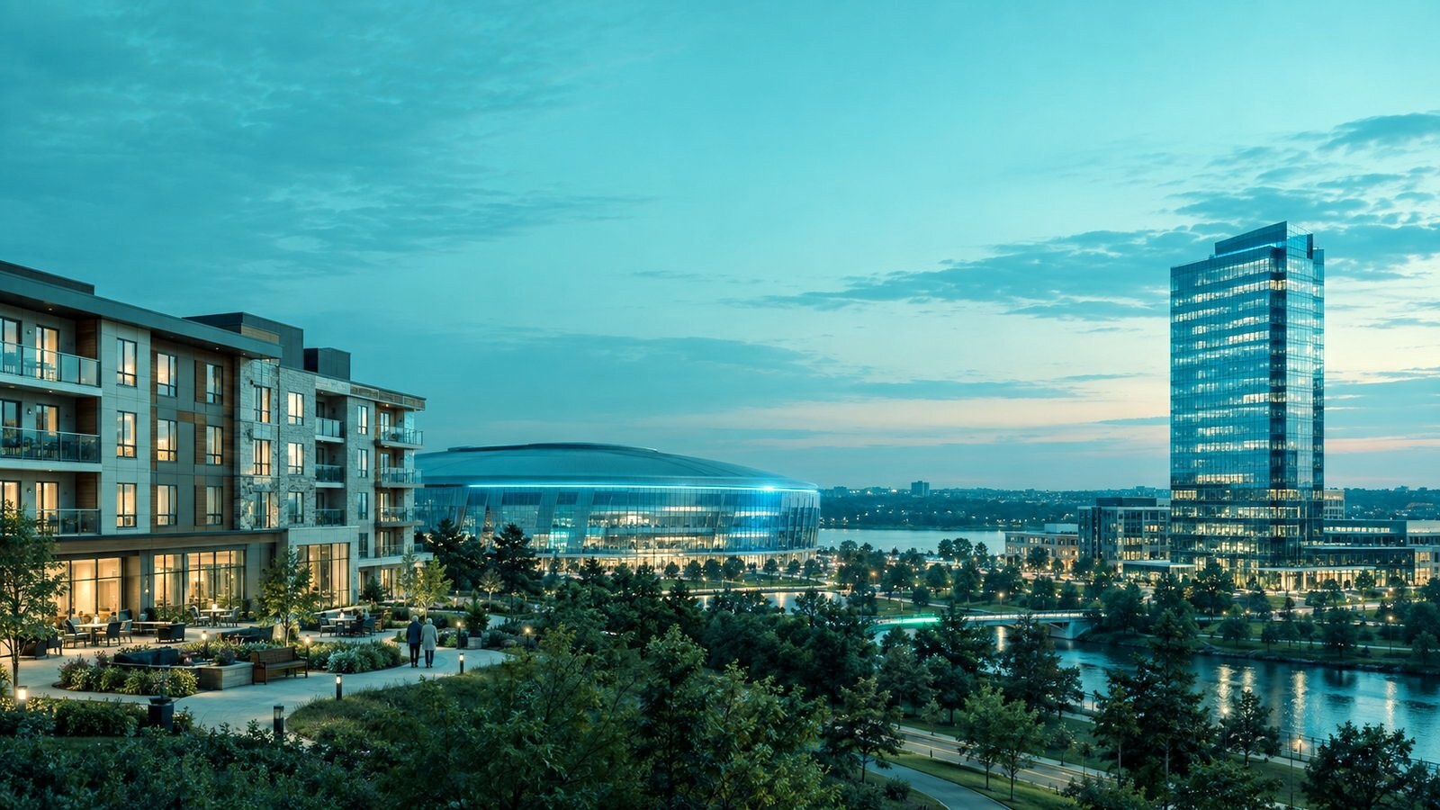 Seniors residence, events arena, and office tower across one city at dusk