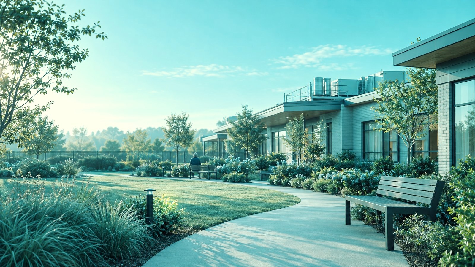 Secure garden of a dementia care facility in morning light