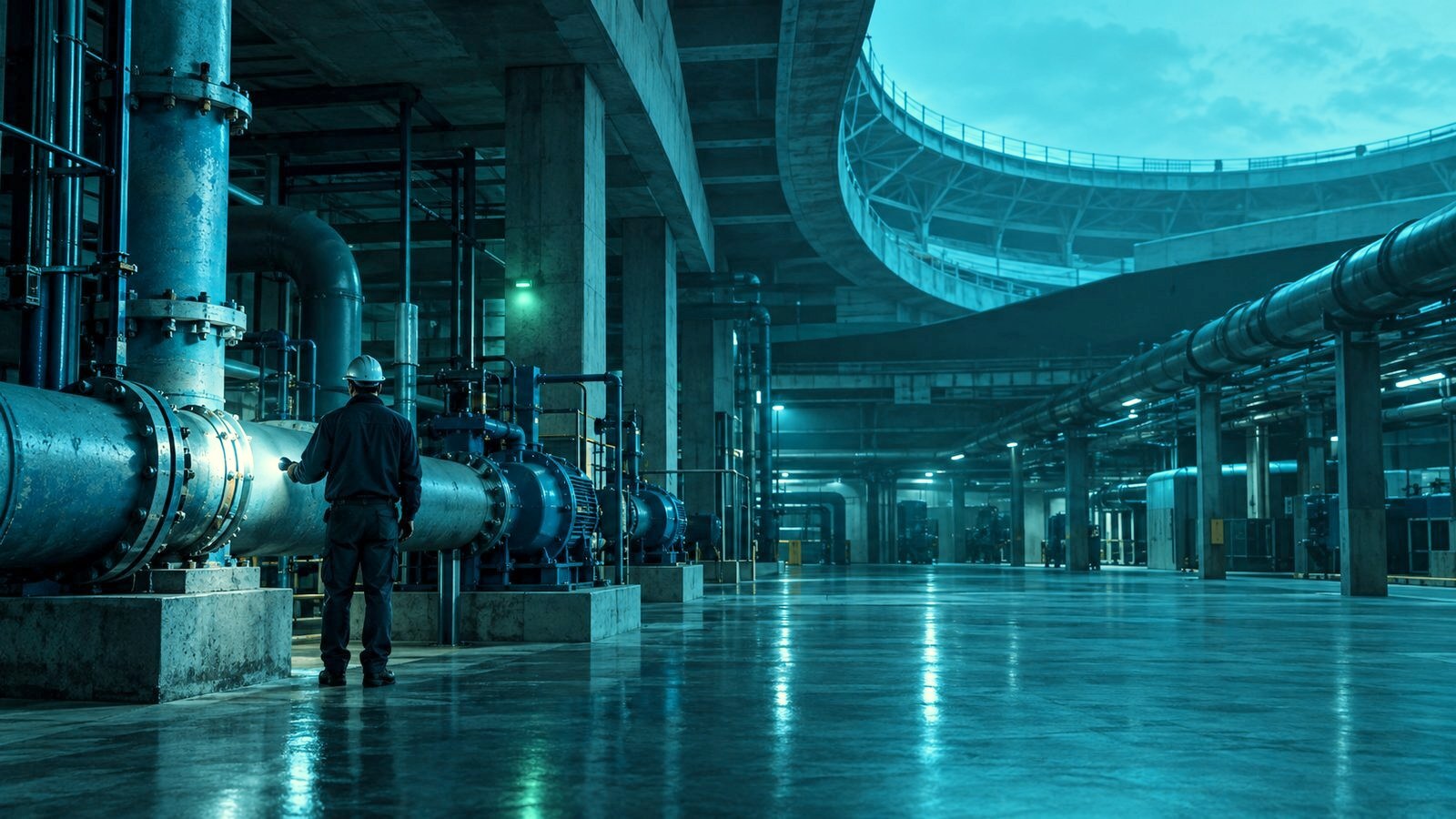 Technician inspecting a pipe joint in an arena mechanical plant at night
