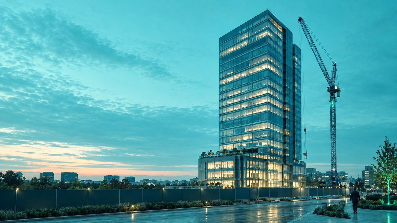 Completed office tower at dusk as the last crane comes down