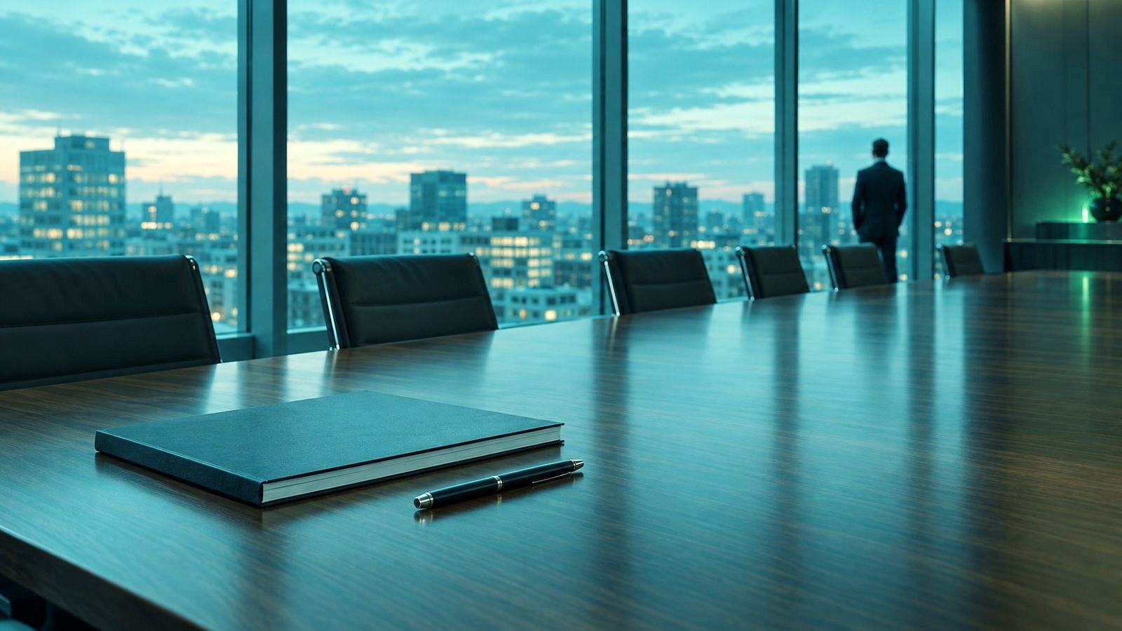 Executive boardroom at dusk with a single bound report on the table